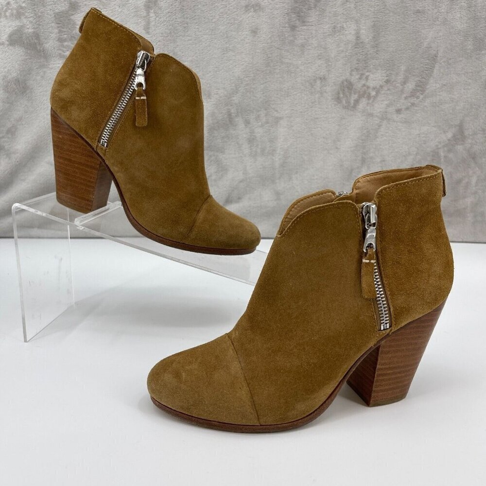 Rag & Bone Margot Tan Camel Suede Double Zip Block Heel Booties